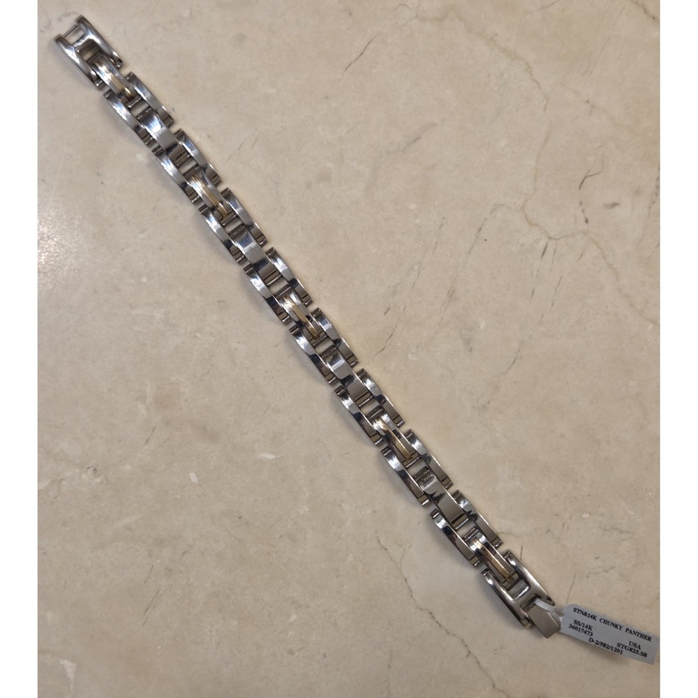MENS OROAMERICA CHUNKY PANTHER 14K GOLD STAINLESS STEEL BRACELET 8.25"